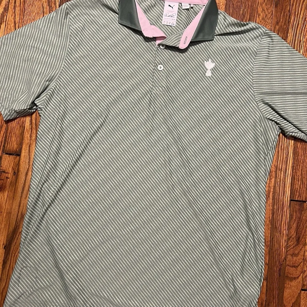 Puma Golf Arnold Palmer Polo Size Men's Large Green Striped Umbrella Polyester - Picture 2 of 11